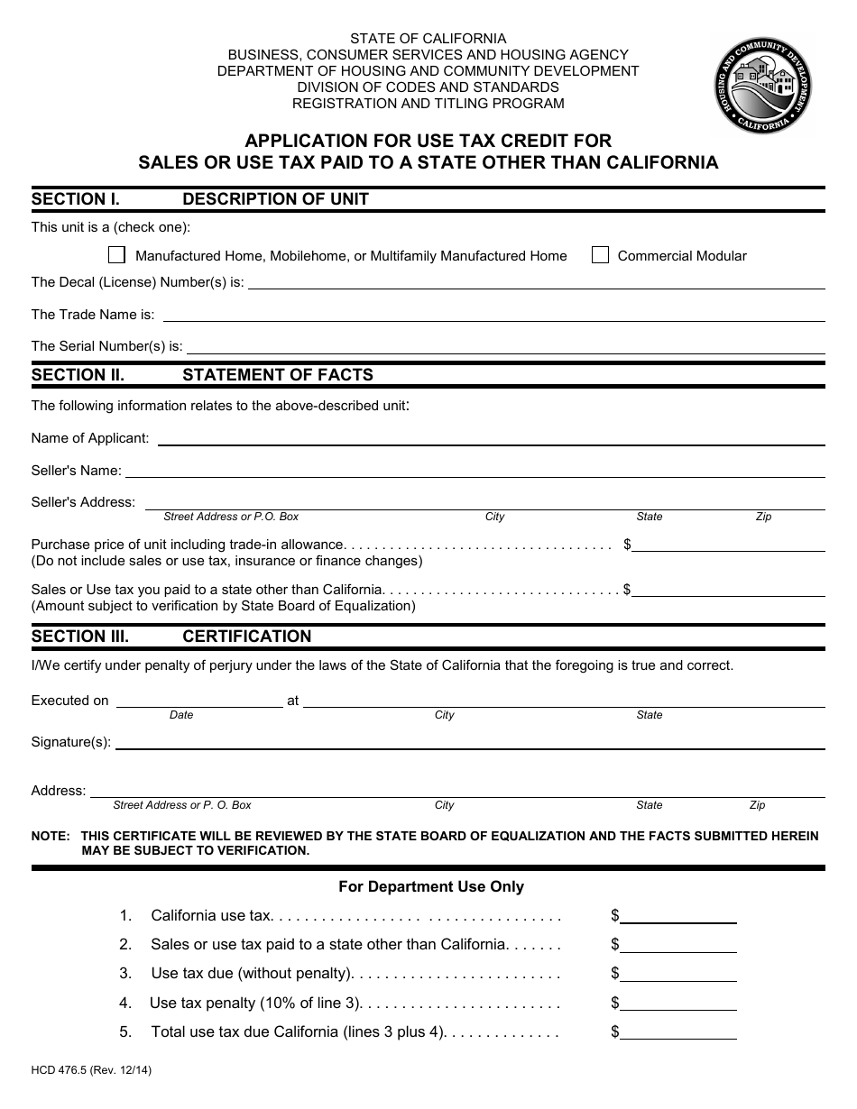 Form HCD476.5 Application for Use Tax Credit for Sales or Use Tax Paid to a State Other Than California - California, Page 1