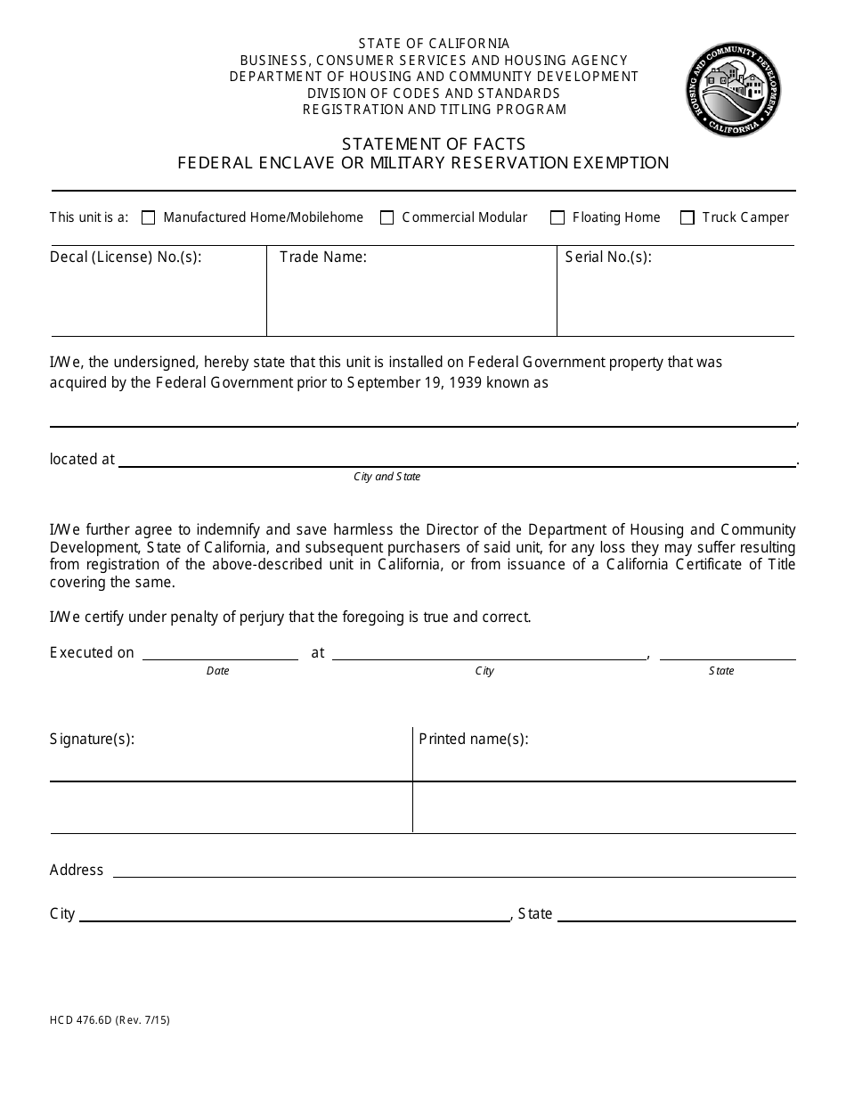 Form HCD476.6D Download Printable PDF or Fill Online Statement of Facts