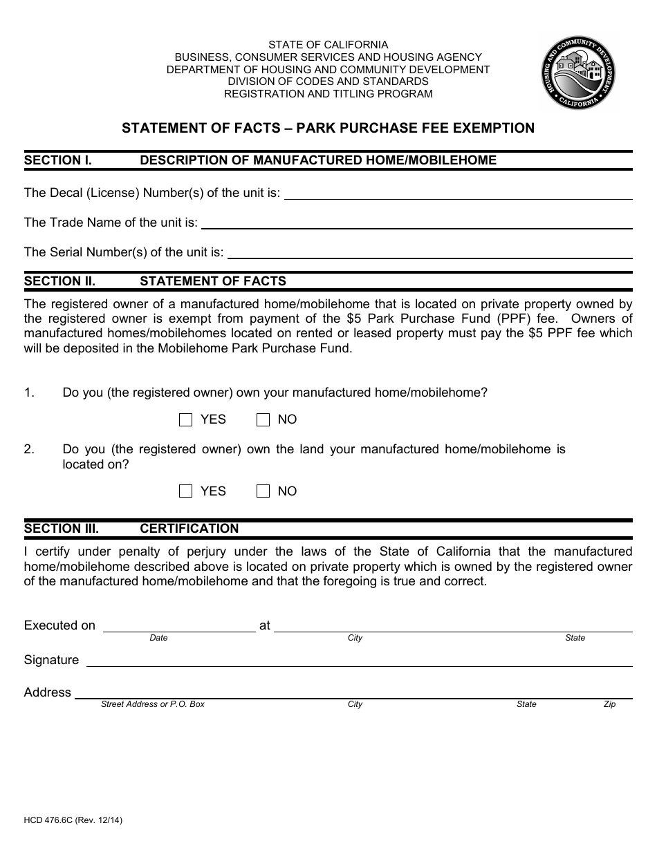 Form HCD476.6C Statement of Facts - Park Purchase Fee Exemption - California, Page 1