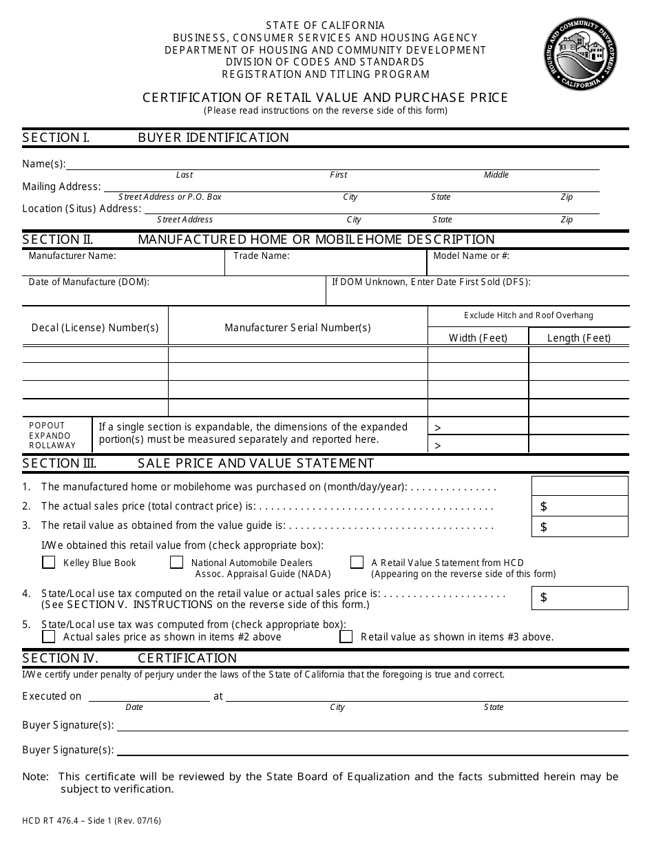 Form HCD RT476.4 Certification of Retail Value and Purchase Price - California, Page 1