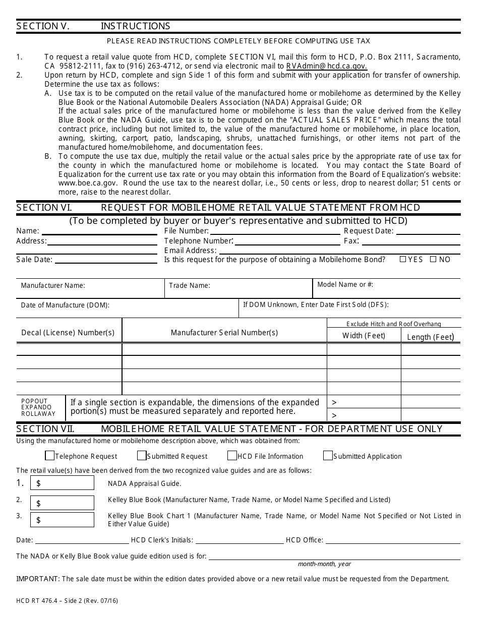 Form HCD RT476.4 - Fill Out, Sign Online and Download Printable PDF ...