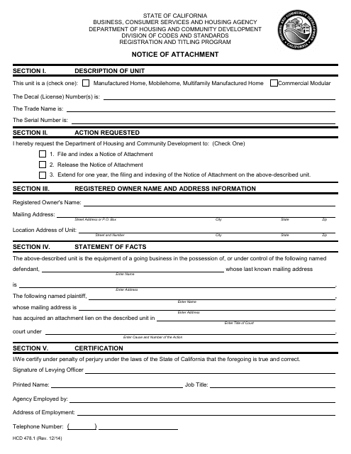 Form HCD478.1 Notice of Attachment - California