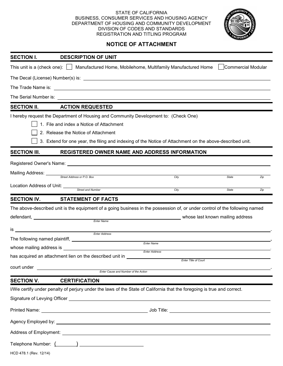 Form HCD478.1 Notice of Attachment - California, Page 1