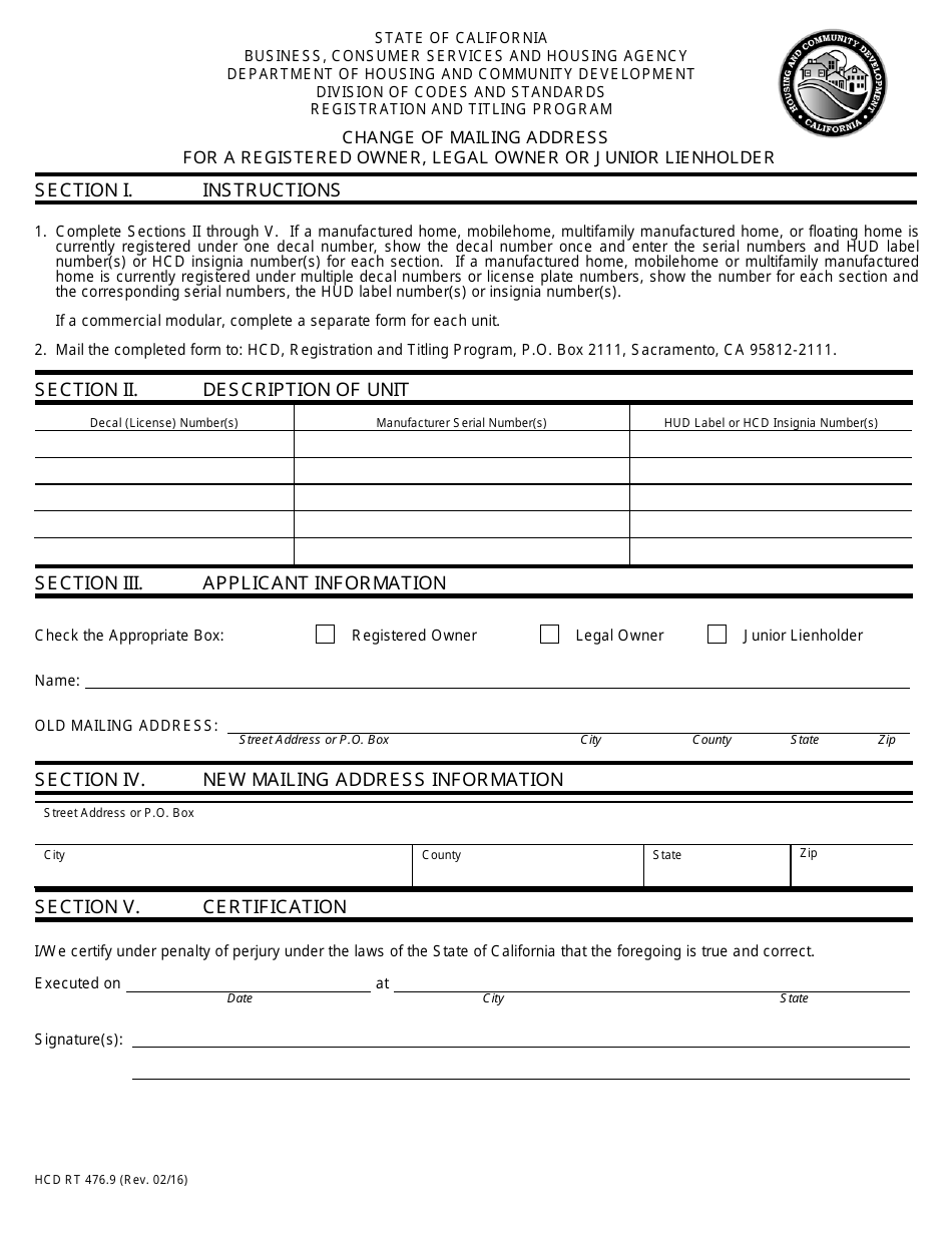Form HCD RT476.9 Change of Mailing Address for a Registered Owner, Legal Owner or Junior Lienholder - California, Page 1
