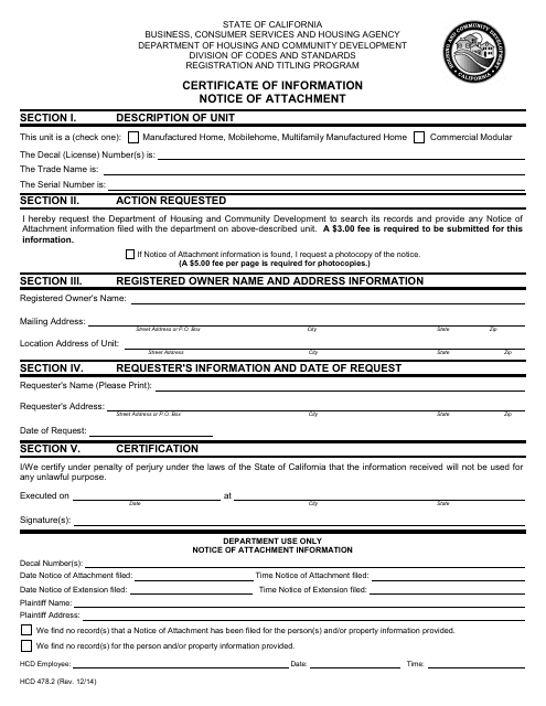 Form HCD478.2 Certificate of Information Notice of Attachment - California