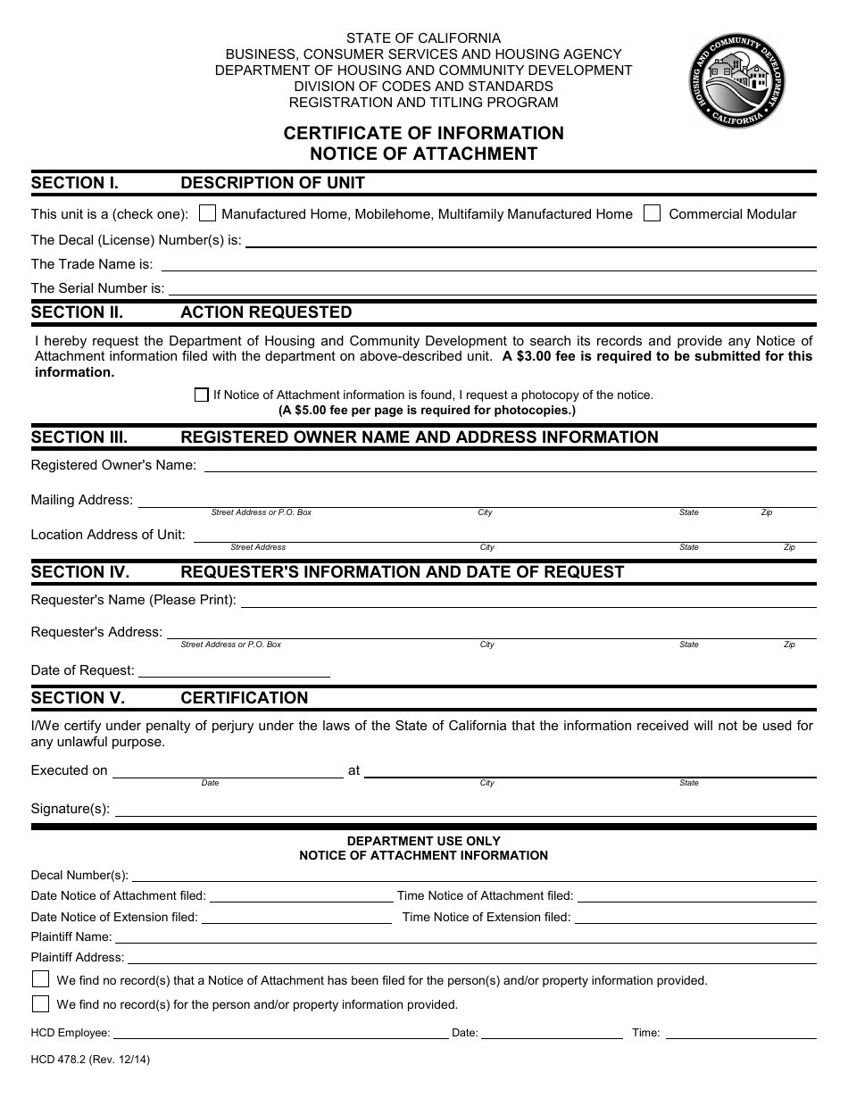 Form HCD478.2 Certificate of Information Notice of Attachment - California, Page 1