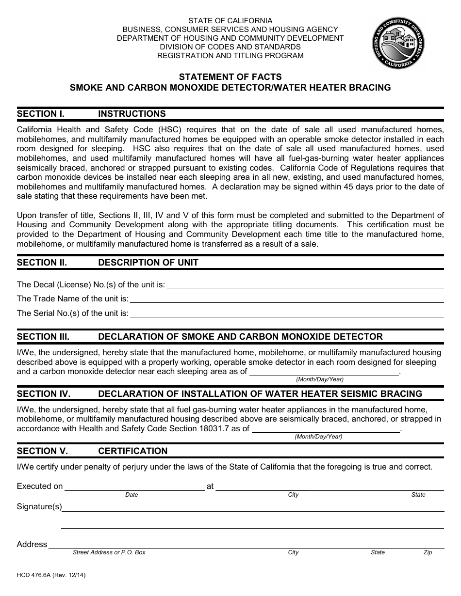 Form HCD476.6A Statement of Facts - Smoke and Carbon Monoxide Detector / Water Heater Bracing - California, Page 1