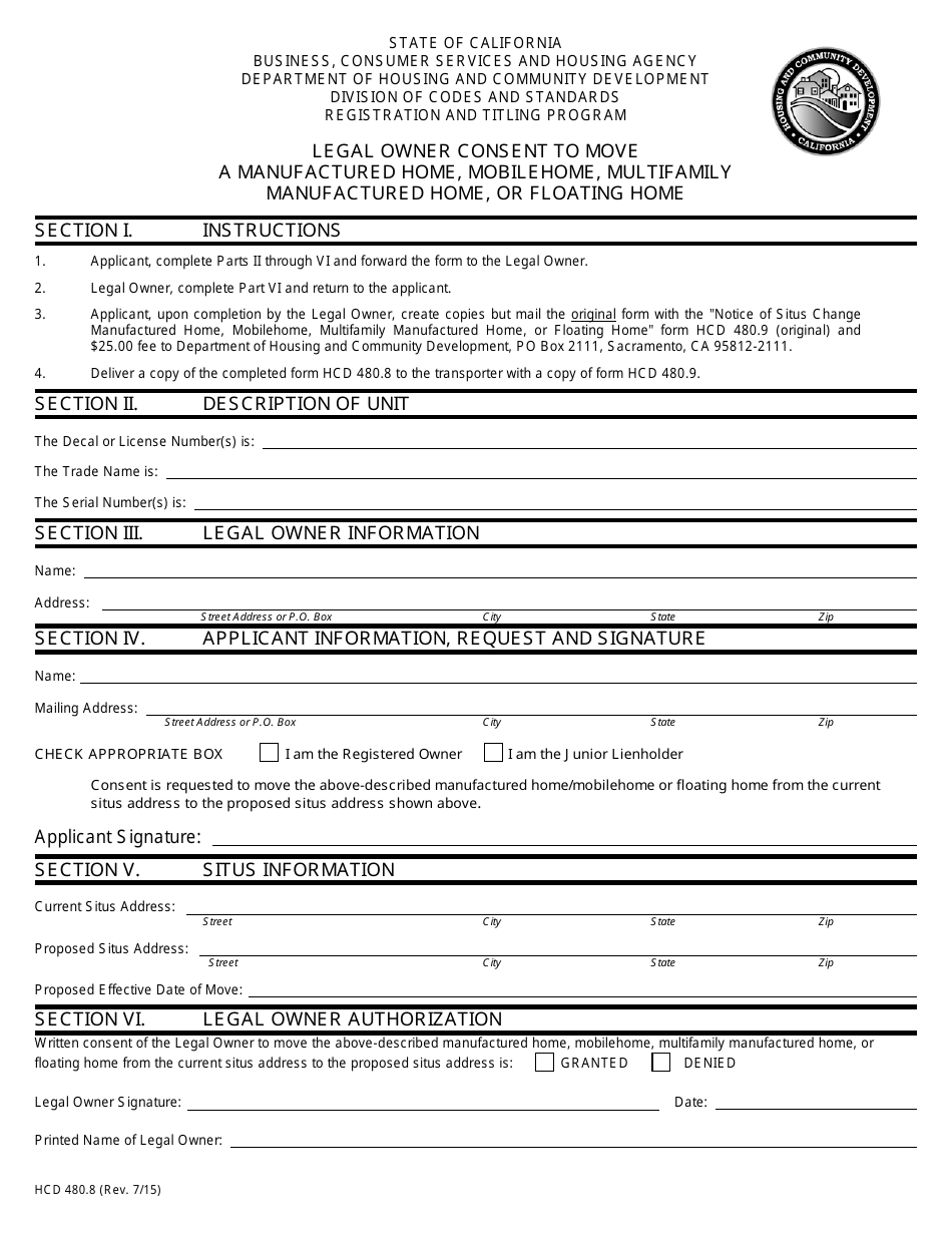 Form HCD480.8 Legal Owner Consent to Move a Manufactured Home, Mobilehome, Multifamily Manufactured Home, or Floating Home - California, Page 1