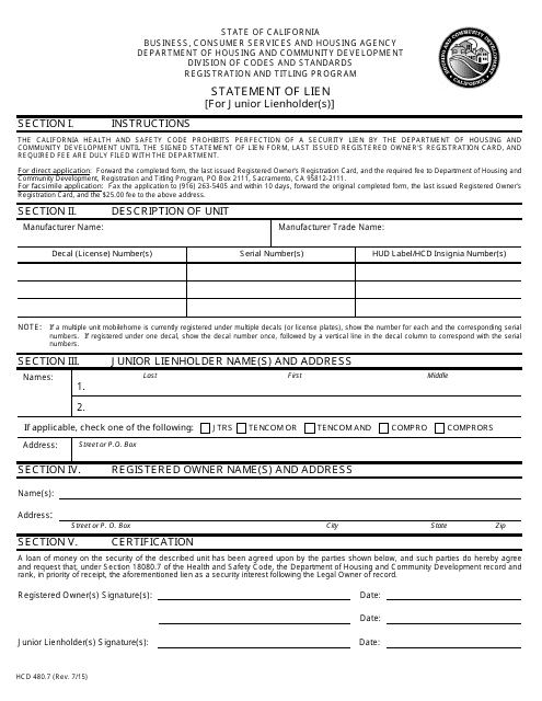 Form HCD480.7 Statement of Lien for Junior Lienholder(S) - California