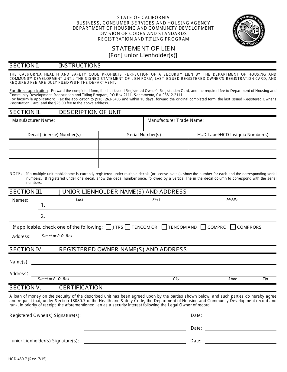 Form HCD480.7 Statement of Lien for Junior Lienholder(S) - California, Page 1