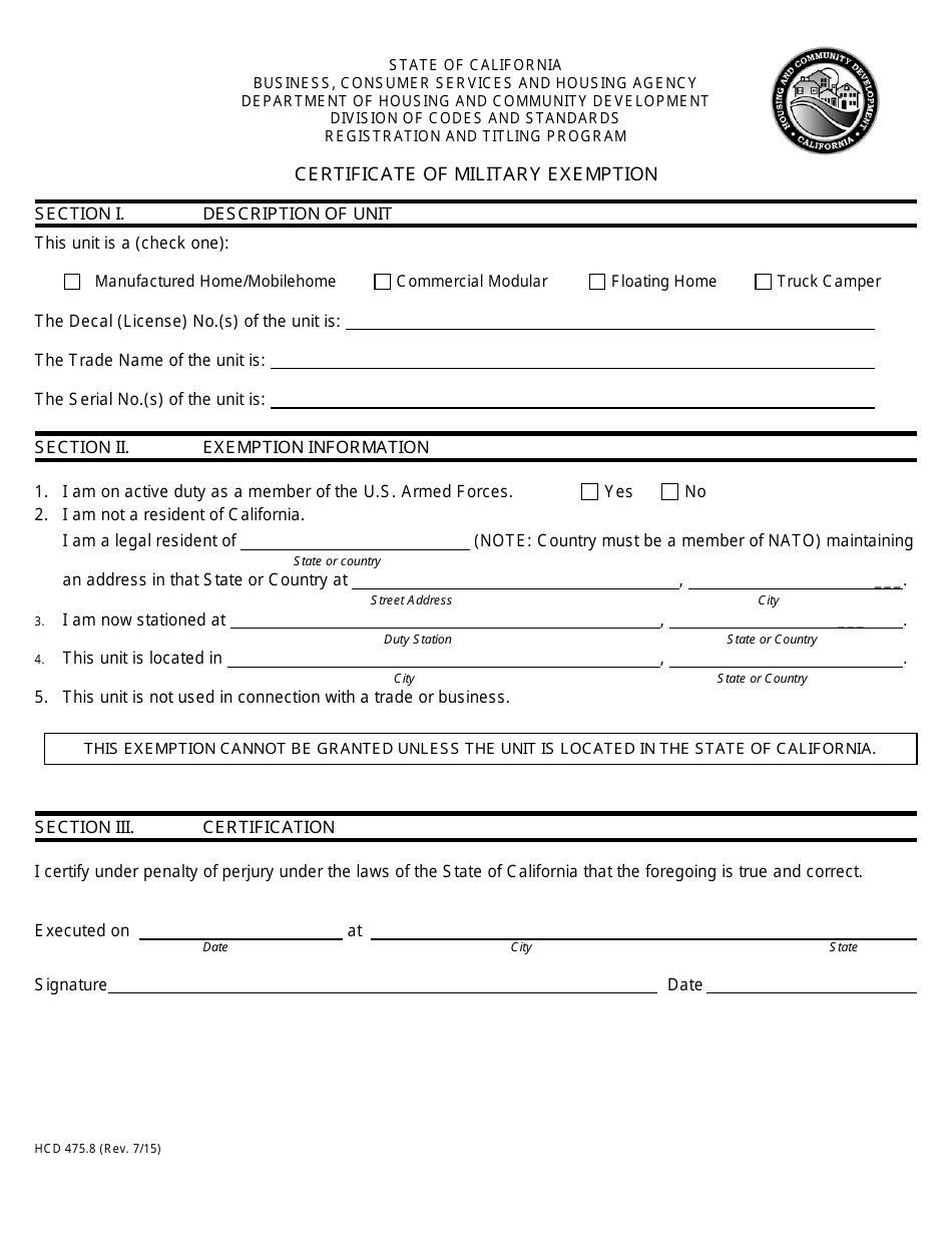 Form HCD475.8 Certificate of Military Exemption - California, Page 1