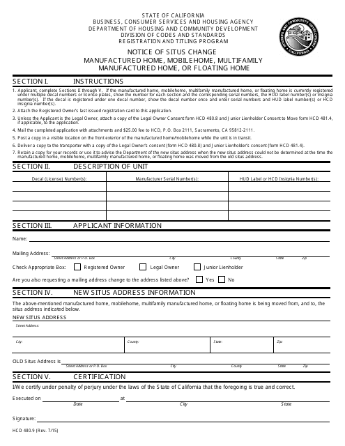 Form HCD480.9 Notice of Situs Change Manufactured Home, Mobilehome, Multifamily Manufactured Home, or Floating Home - California