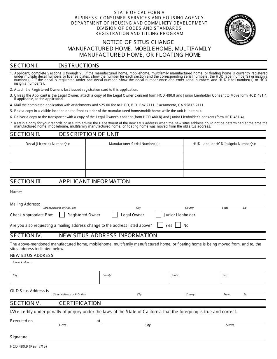 Form Hcd480.9 - Fill Out, Sign Online And Download Printable Pdf 