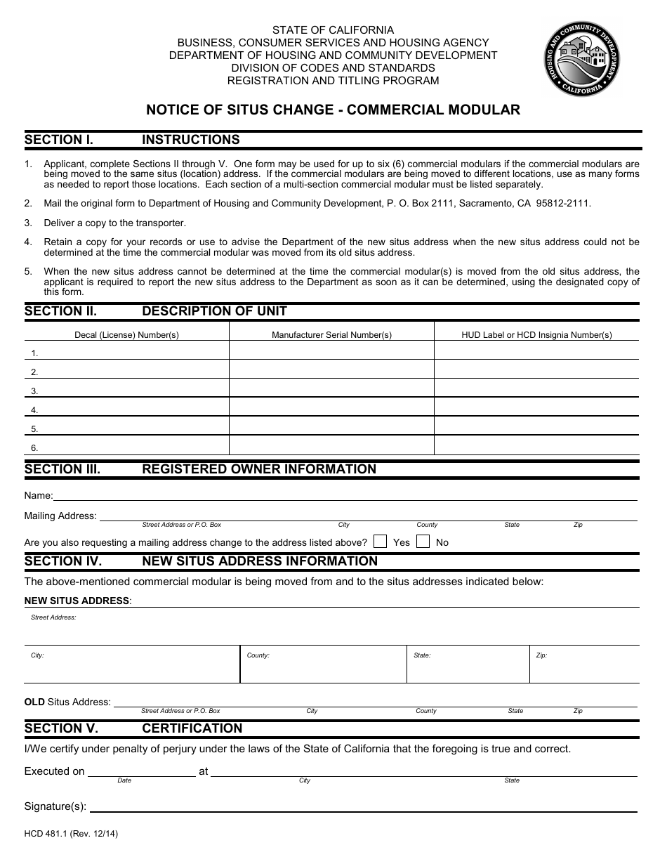 Form HCD481.1 Notice of Situs Change - Commercial Modular - California, Page 1