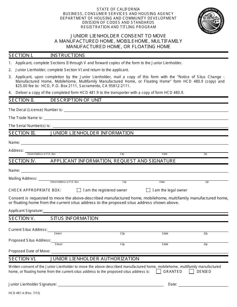 Form HCD481.4 Junior Lienholder Consent to Move a Manufactured Home, Mobilehome, Multifamily Manufactured Home, or Floating Home - California, Page 1