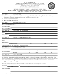 Document preview: Form HCD481.5 Notice of Intent to Move a Manufactured Home, Mobilehome, Multifamily Manufactured Home, or Floating Home Without Consent of Secured Party - California
