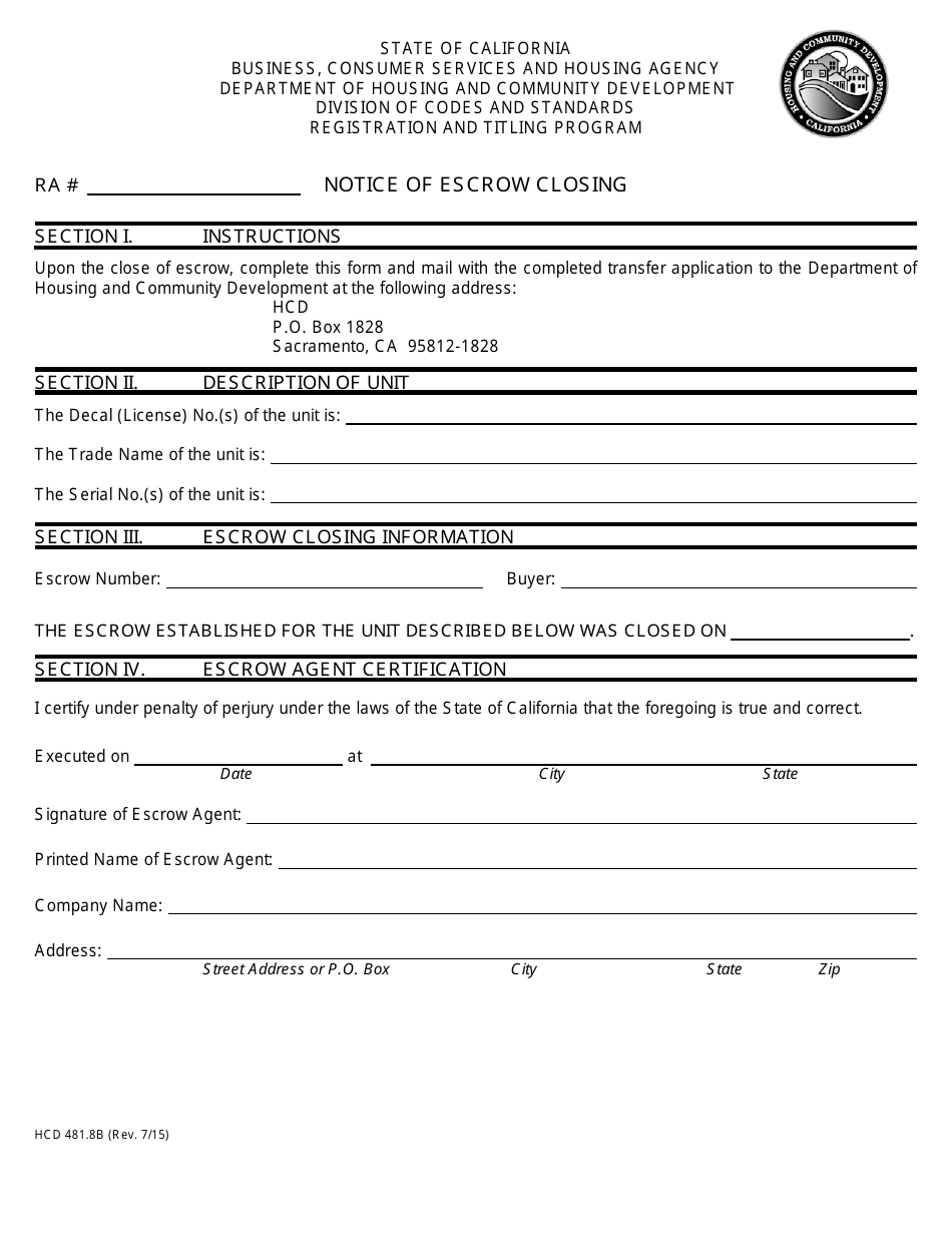 Form HCD481.8B Notice of Escrow Closing - California, Page 1