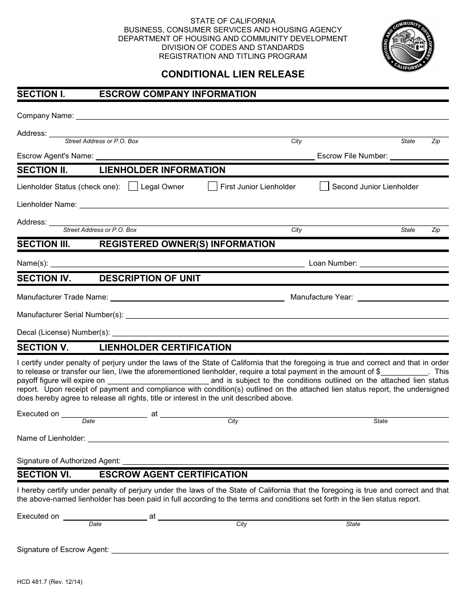 Form HCD481.7 Conditional Lien Release - California, Page 1