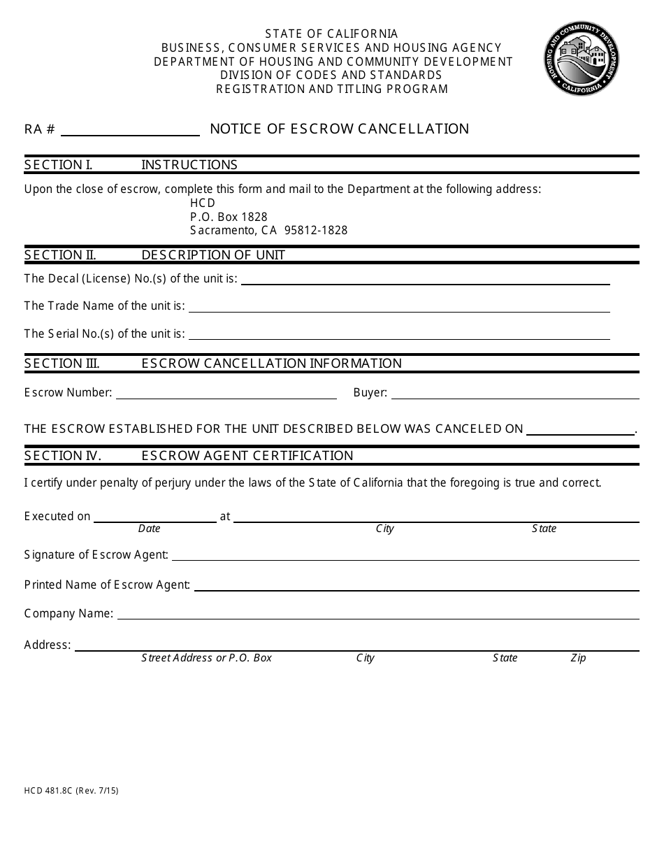 Form HCD481.8C Notice of Escrow Cancellation - California, Page 1