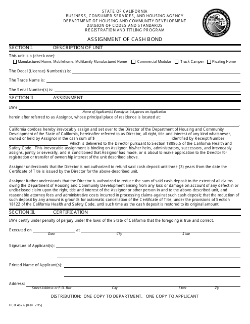 Form HCD482.6 Assignment of Cash Bond - California