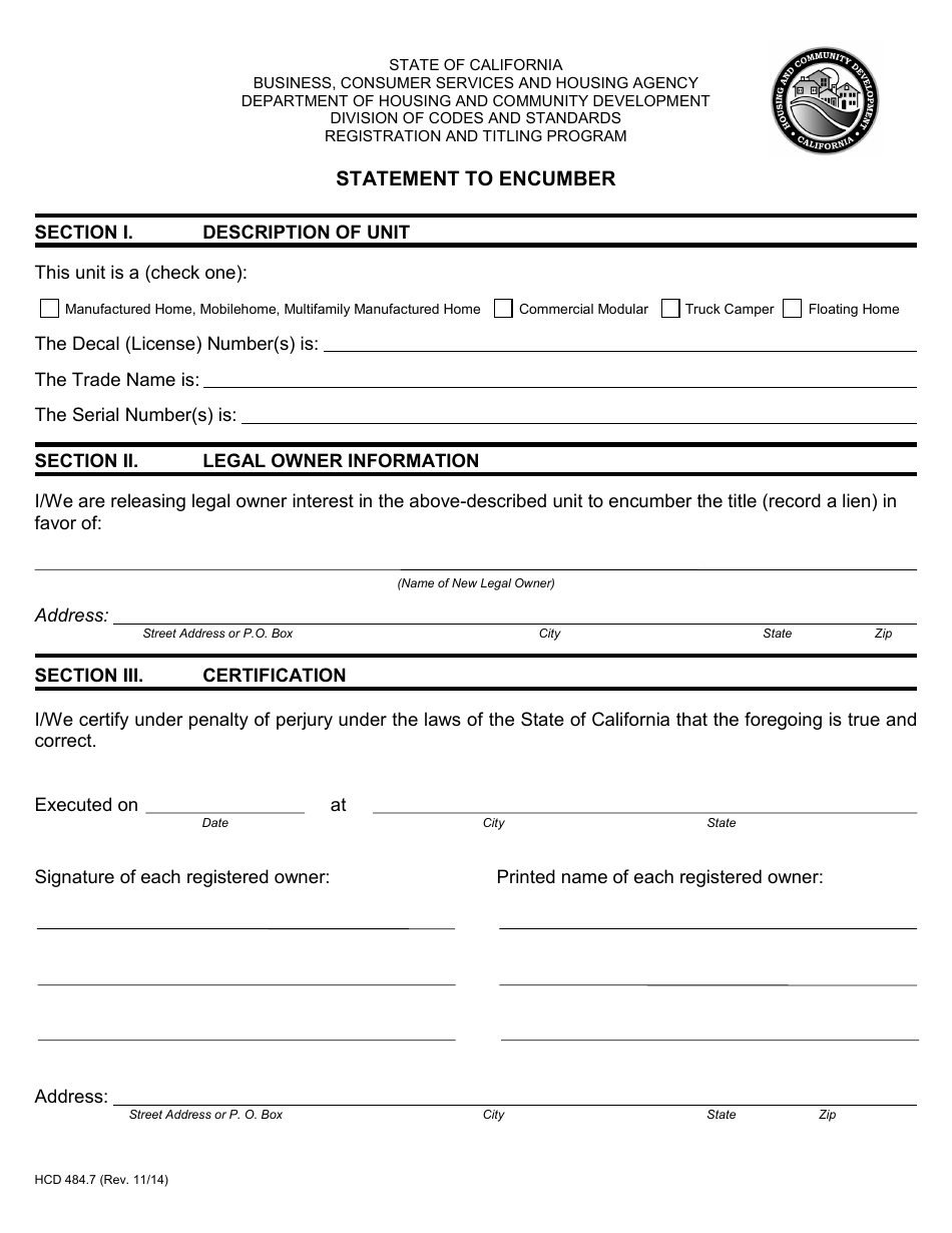 Form HCD484.7 Statement to Encumber - California, Page 1