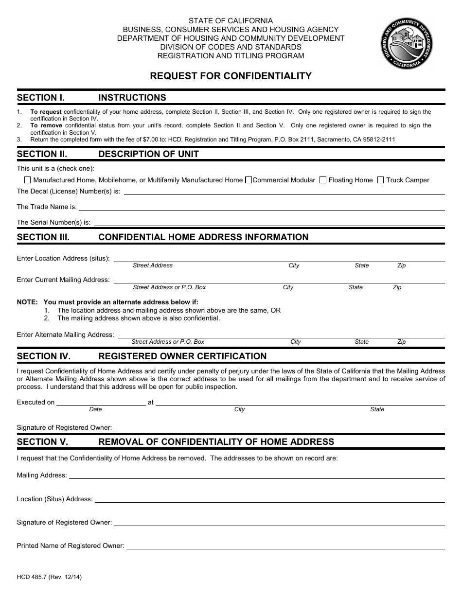 Form HCD485.7 Request for Confidentiality - California, Page 1