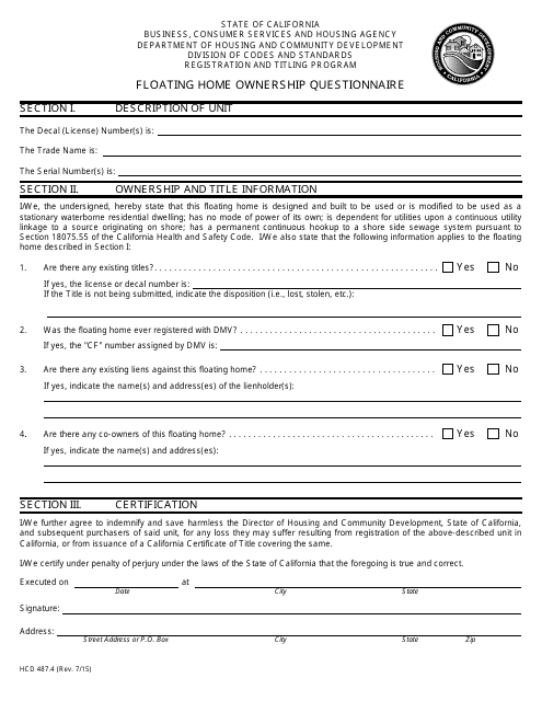 Form HCD487.4 Floating Home Ownership Questionnaire - California
