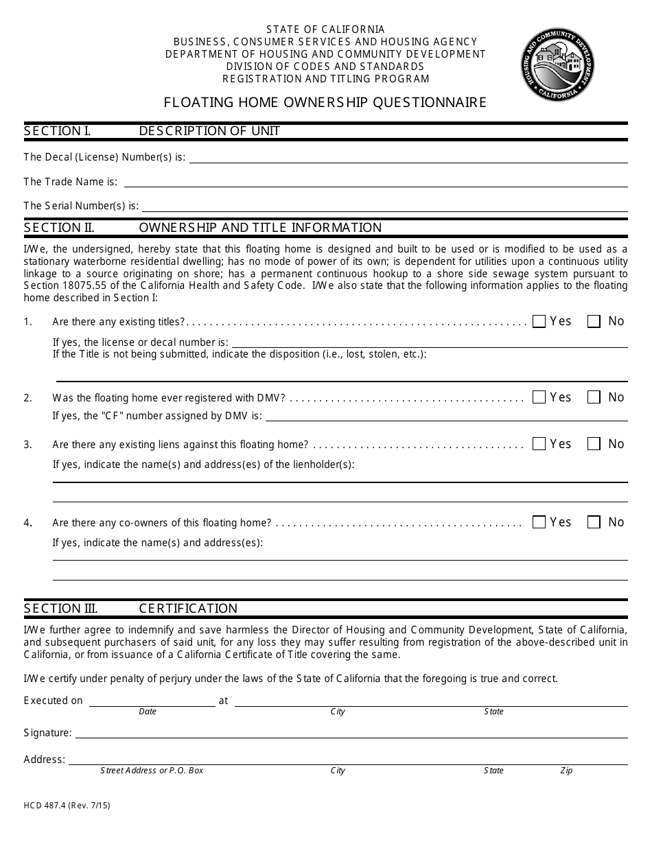 Form HCD487.4 Floating Home Ownership Questionnaire - California, Page 1