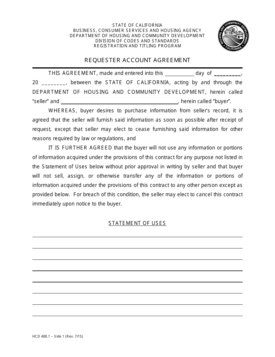 Form HCD488.1 Requester Account Agreement - California, Page 1