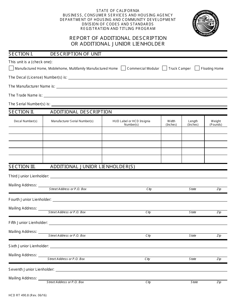 Form HCD RT490.8 Report of Additional Description or Additional Junior Lienholder - California, Page 1