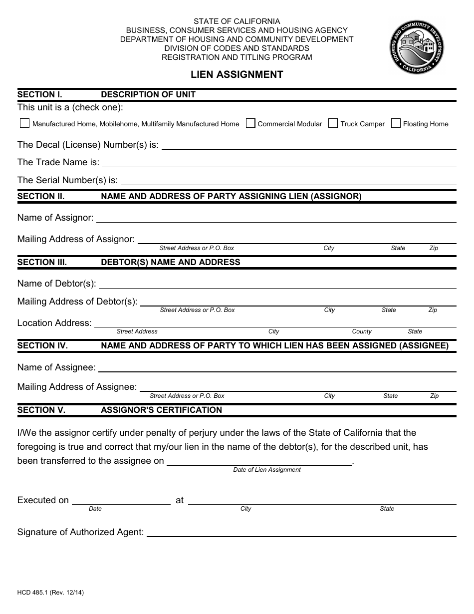 Form HCD485.1 Lien Assignment - California, Page 1
