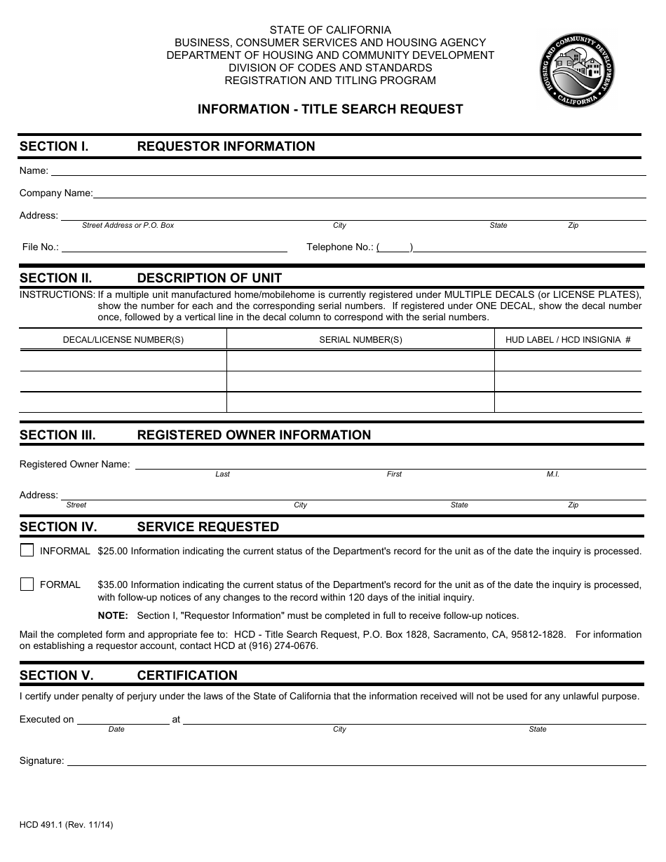 Form HCD491.1 Information - Title Search Request - California, Page 1