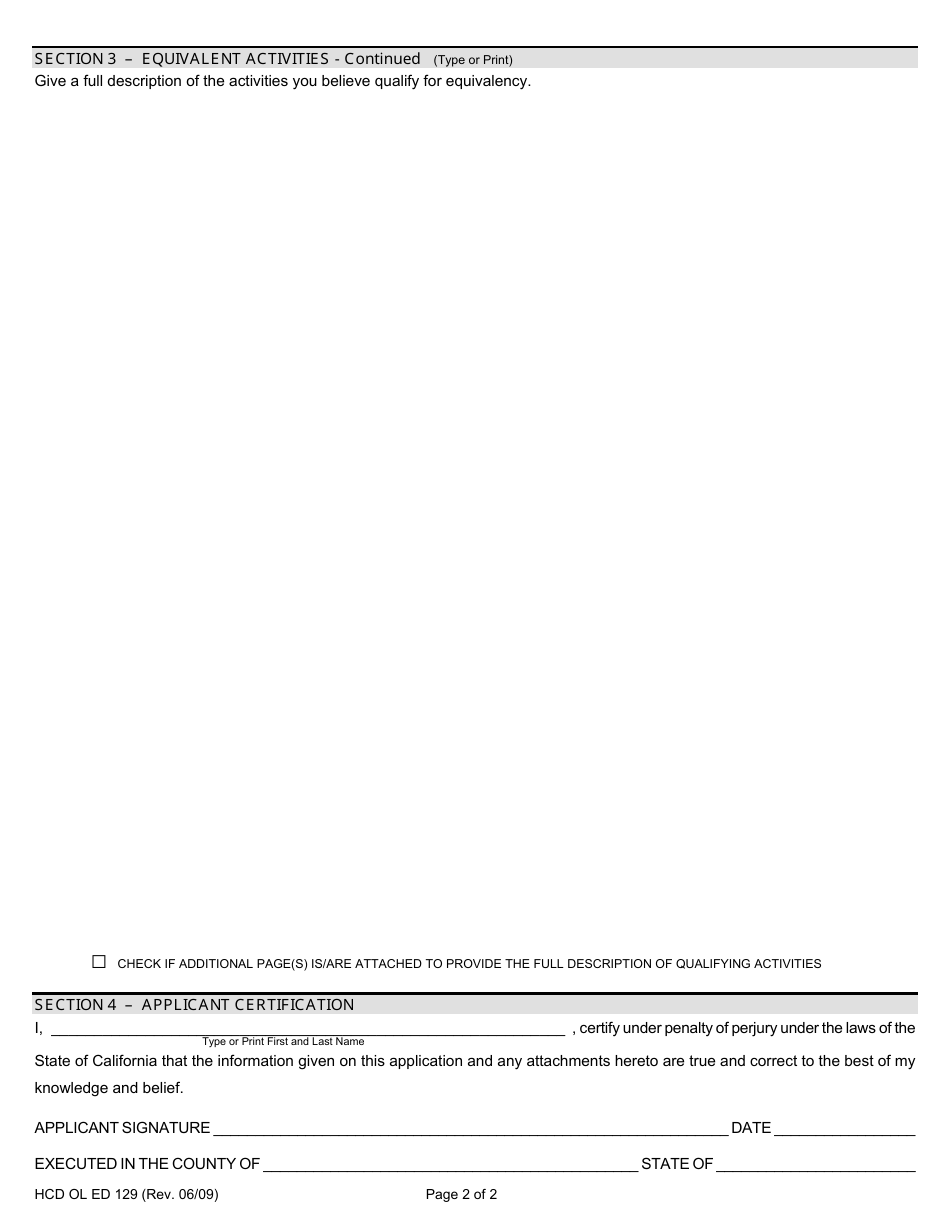 Form HCD OL ED129 Application for Continuing Education Equivalency Approval - California, Page 2