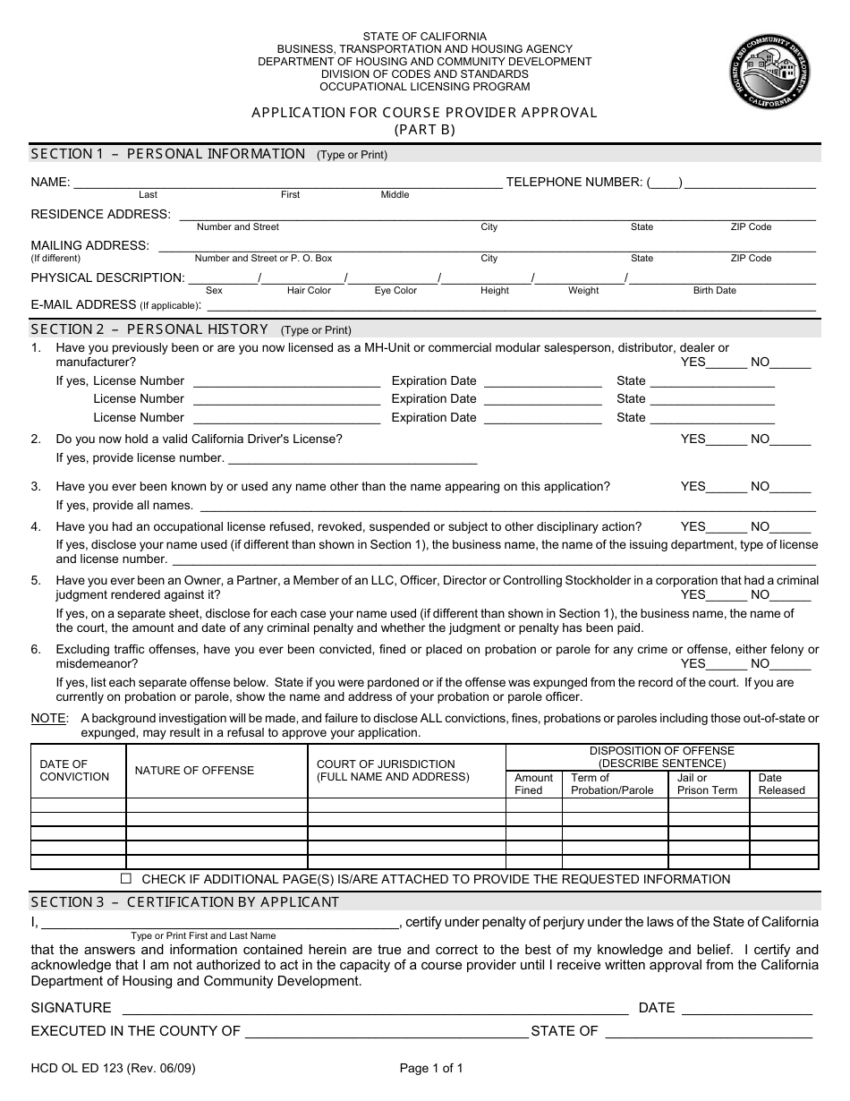 Form HCD OL ED123 Application for Course Provider Approval (Part B) - California, Page 1