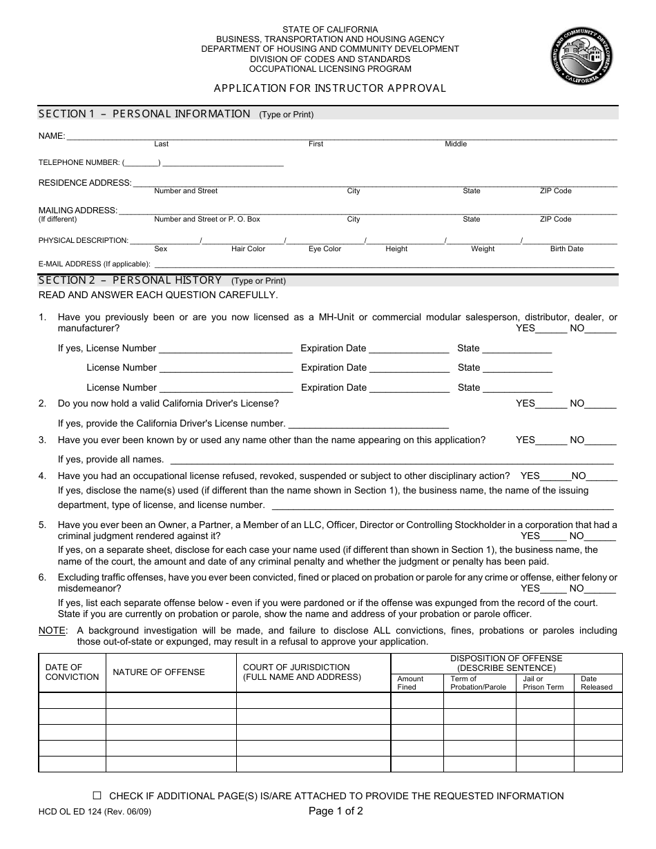 Form HCD OL ED124 Application for Instructor Approval - California, Page 1