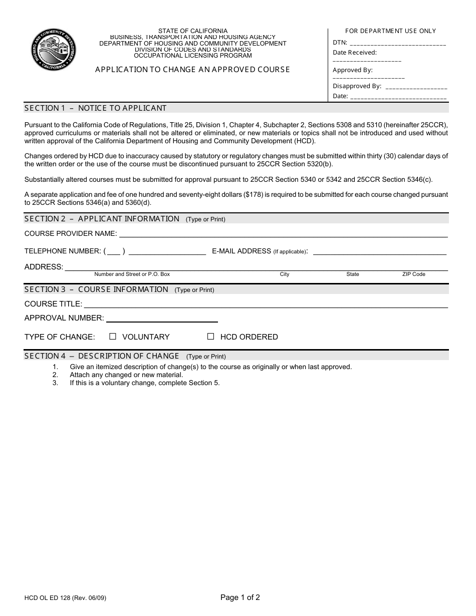 Form HCD OL128 Application to Change an Approved Course - California, Page 1