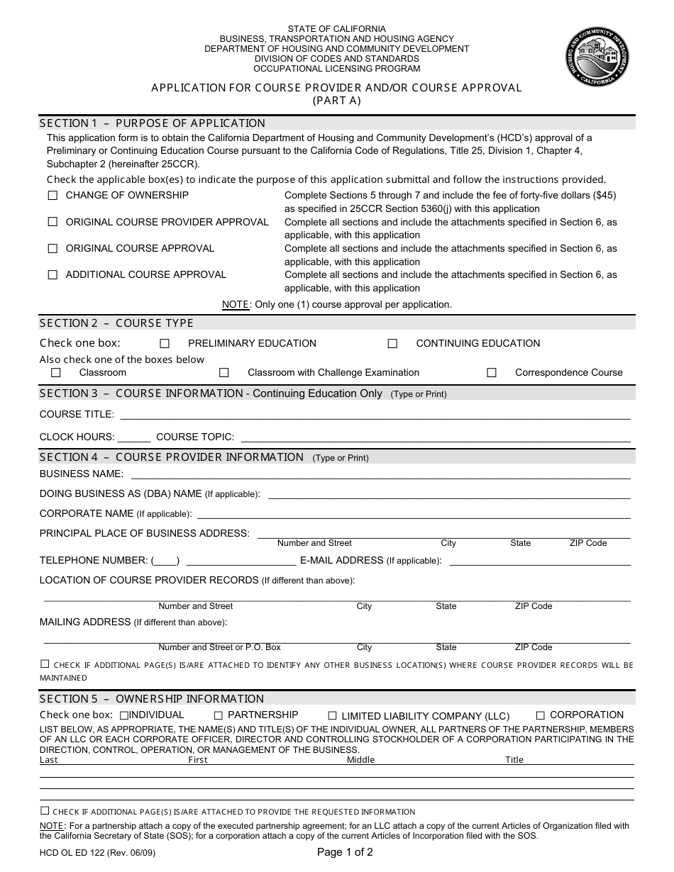 Form HCD OL ED122 Application for Course Provider and / or Course Approval (Part a) - California, Page 1