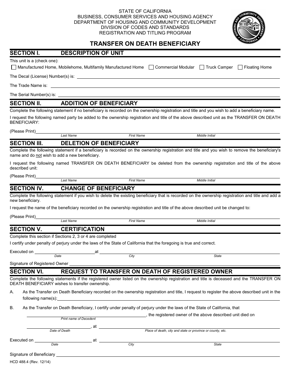 Form HCD488.4 Transfer on Death Beneficiary - California, Page 1