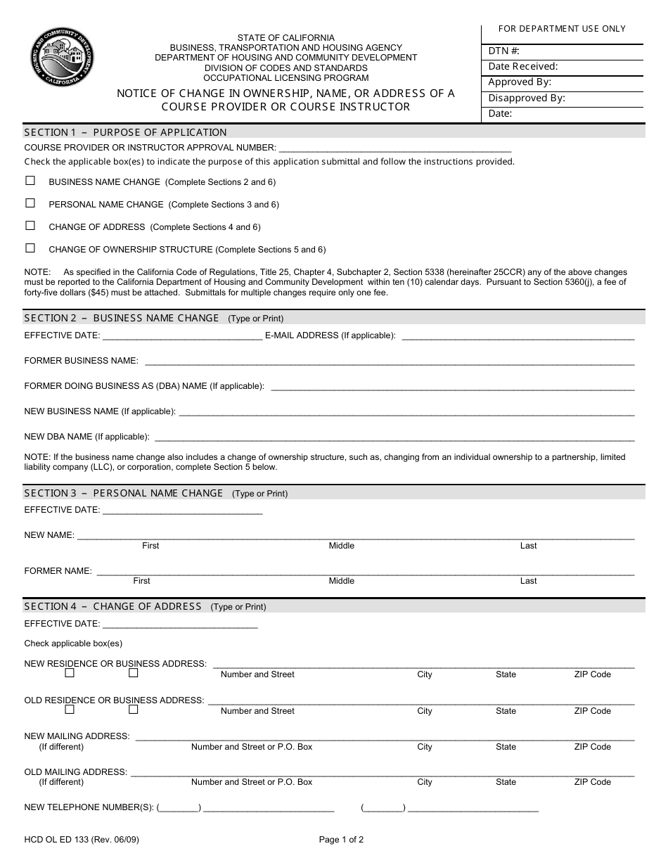 Form HCD OL ED133 Notice of Change in Ownership, Name, or Address of a Course Provider or Course Instructor - California, Page 1