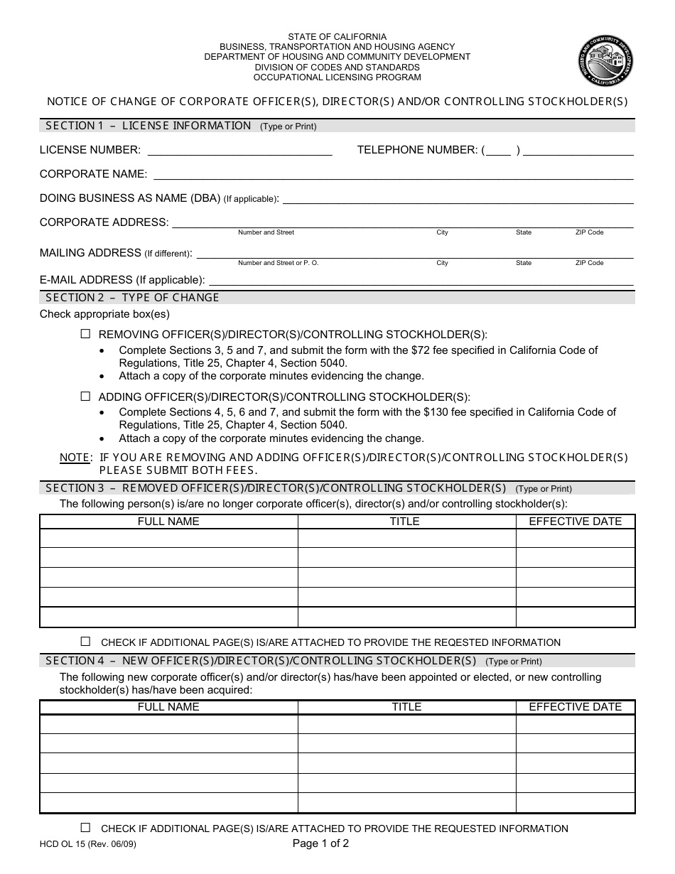 Form HCD OL15 Notice of Change of Corporate Officer(S), Director(S) and / or Controlling Stockholder(S) - California, Page 1