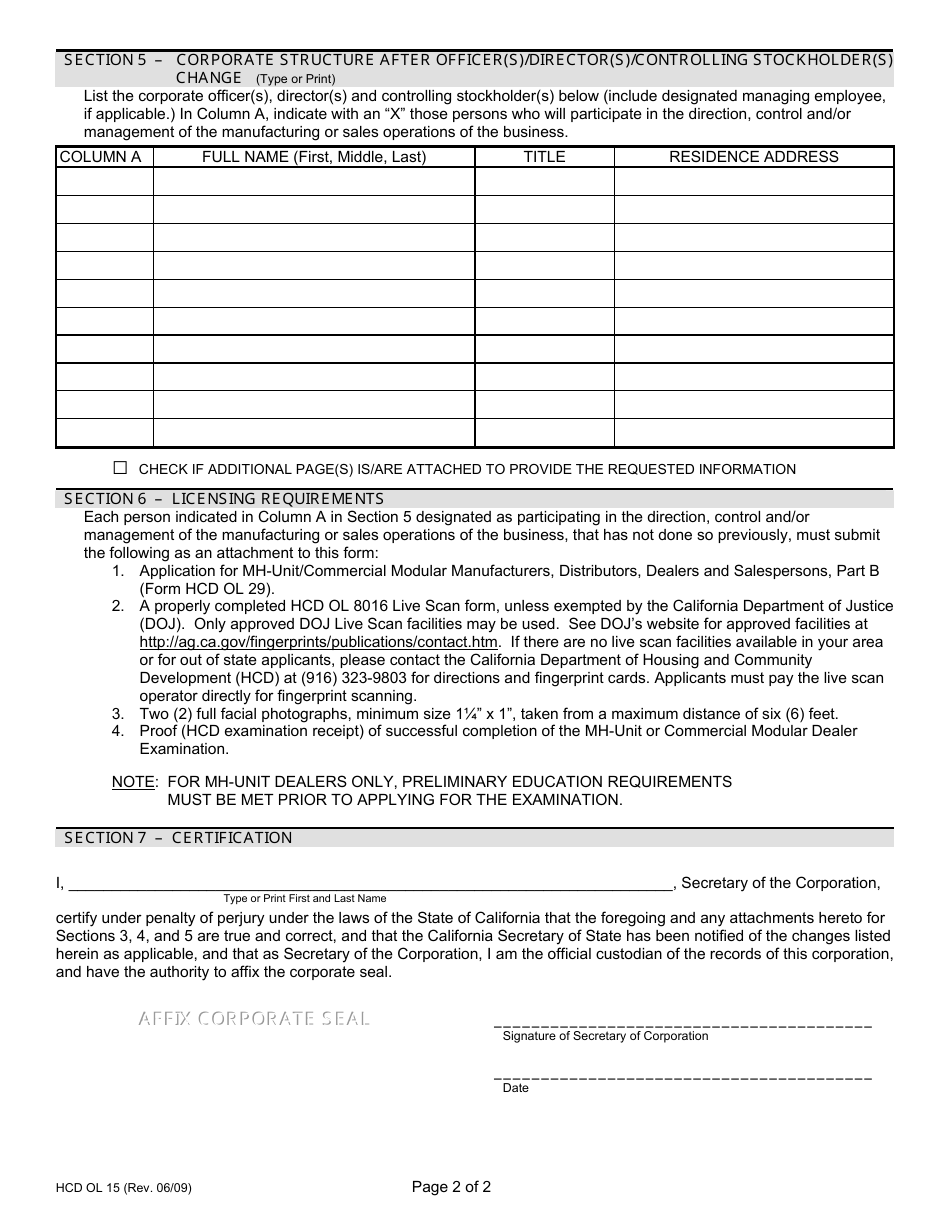 Form HCD OL15 Notice of Change of Corporate Officer(S), Director(S) and / or Controlling Stockholder(S) - California, Page 2