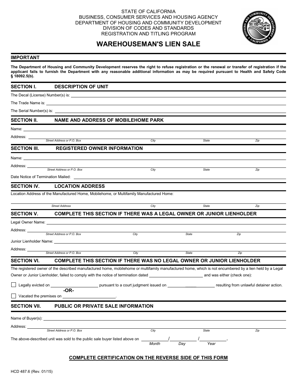 Form HCD487.6 Warehousemans Lien Sale - California, Page 1