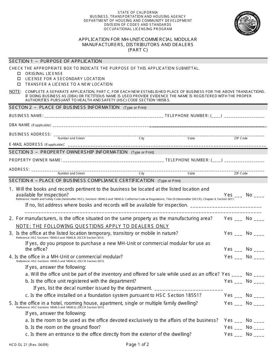 Form HCD OL21 Application for Mh-Unit / Commercial Modular Manufacturers, Distributors and Dealers (Part C) - California, Page 1