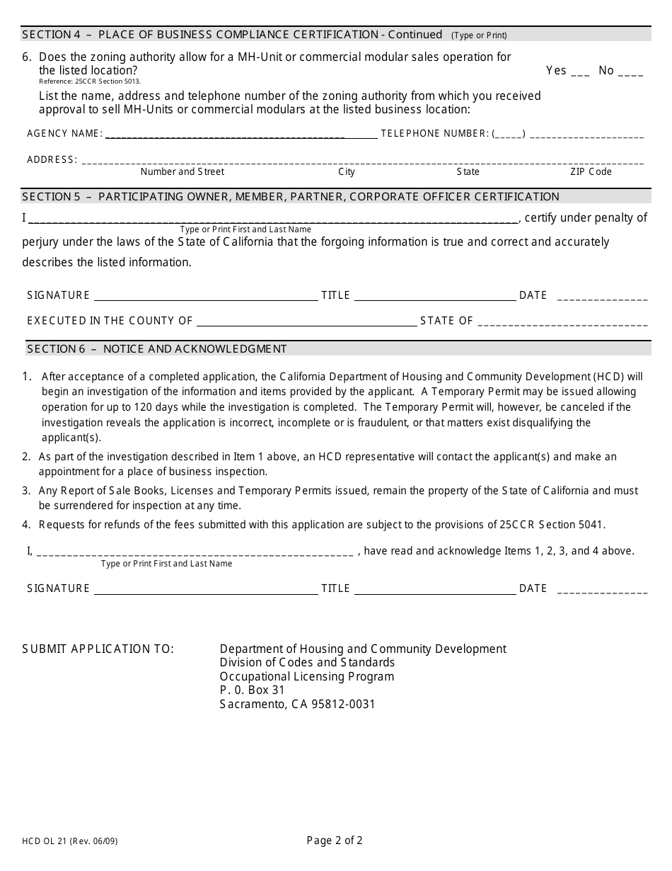 Form Hcd Ol21 - Fill Out, Sign Online And Download Printable Pdf 