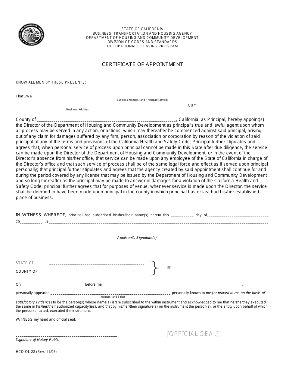 Form HCD OL28 Certificate of Appointment - California, Page 1
