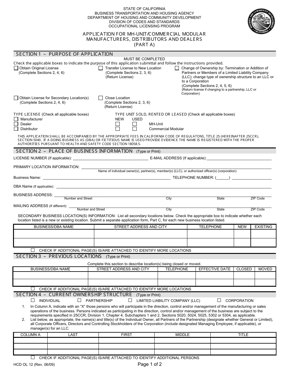 Form HCD OL12 - Fill Out, Sign Online and Download Printable PDF ...