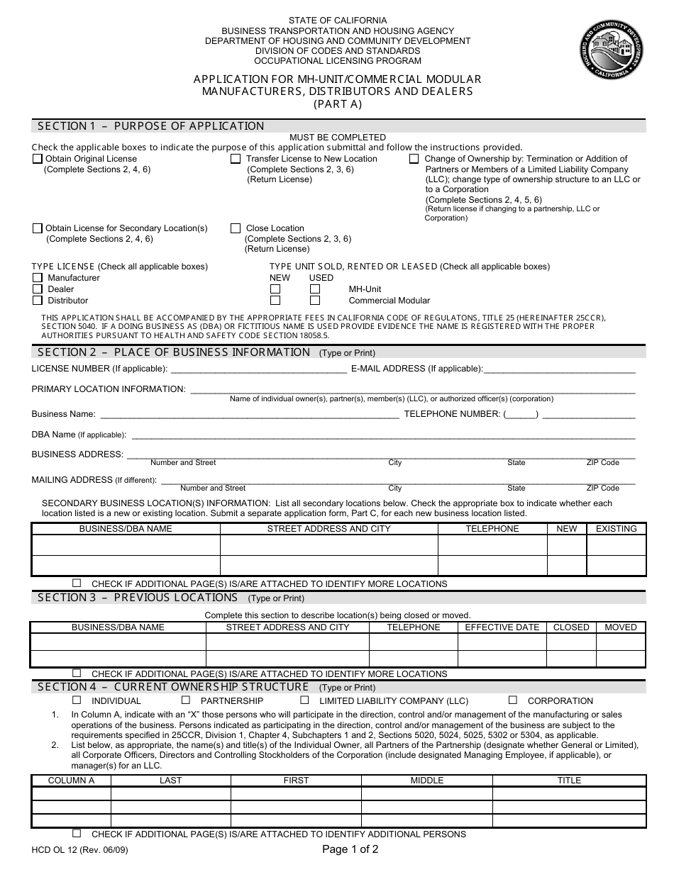 Form HCD OL12 Application for Mh-Unit / Commercial Modular Manufacturers, Distributors and Dealers (Part a) - California, Page 1