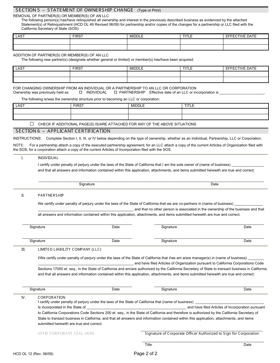 Form HCD OL12 - Fill Out, Sign Online and Download Printable PDF ...