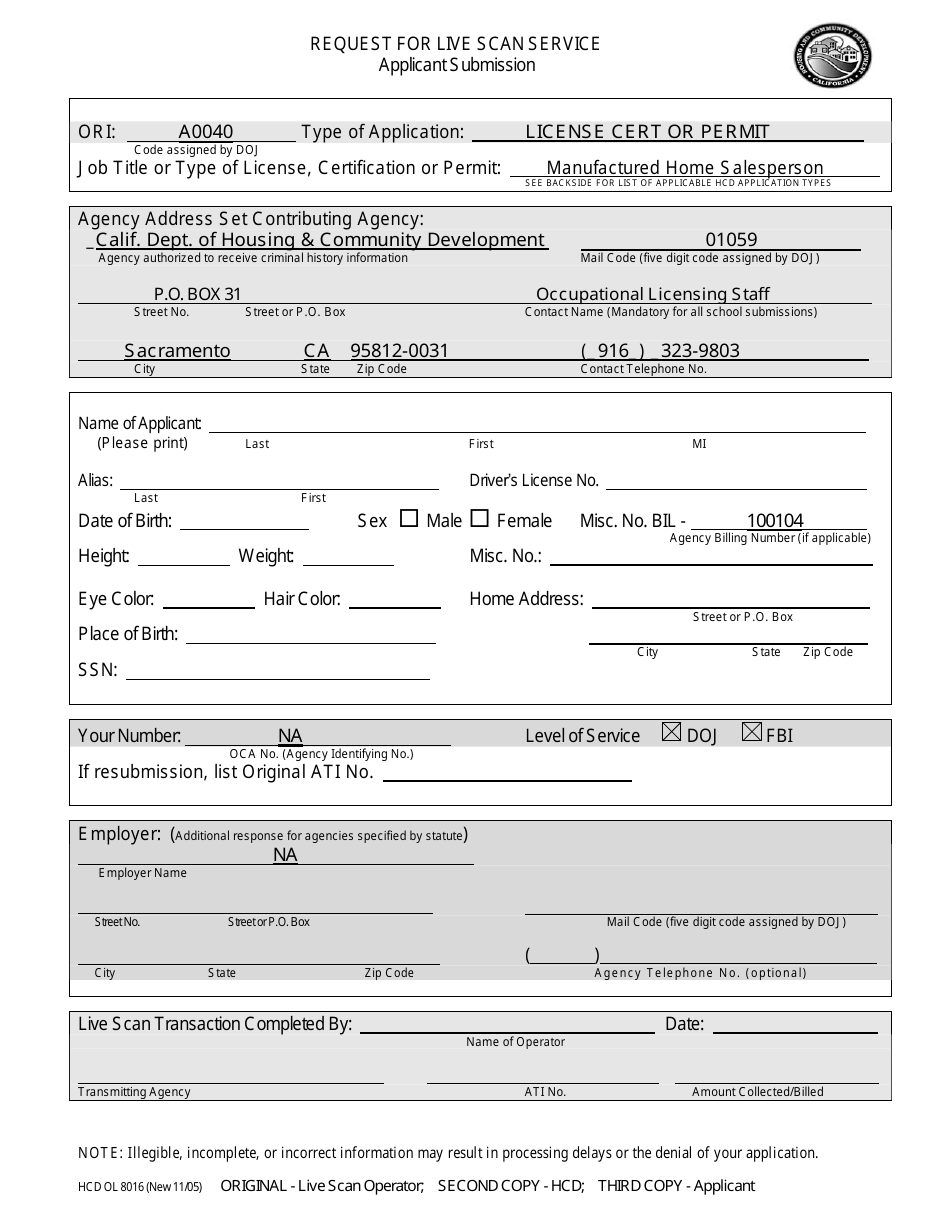 Sample Form HCD OL8016 Request for Livescan Service - Manufactured Home Salespersons - California, Page 1