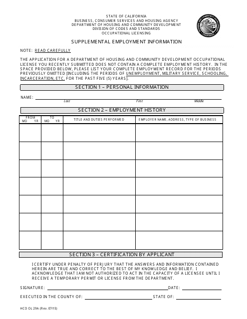 Form HCD OL29A Supplemental Employment Information - California